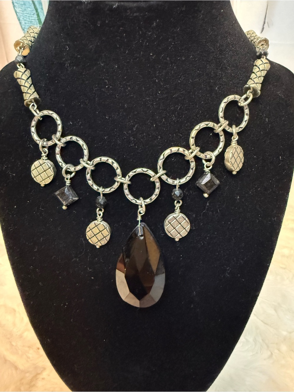 Lia Sophia Silver Tone Statement Necklace Smoky Teardrop Charm Bib